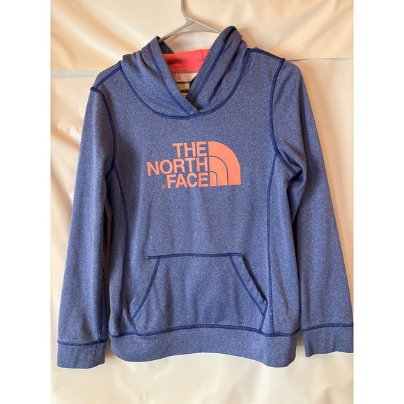 The North Face Tops - The North Face‎ Hoodie Sweatshirt Small Blue Pink Big Logo Long Sleeve Womens